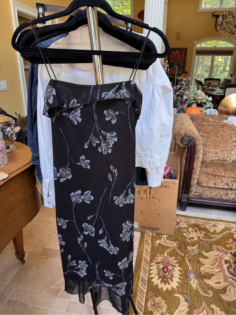 Black Floral Midi Slip Dress with Gray Print